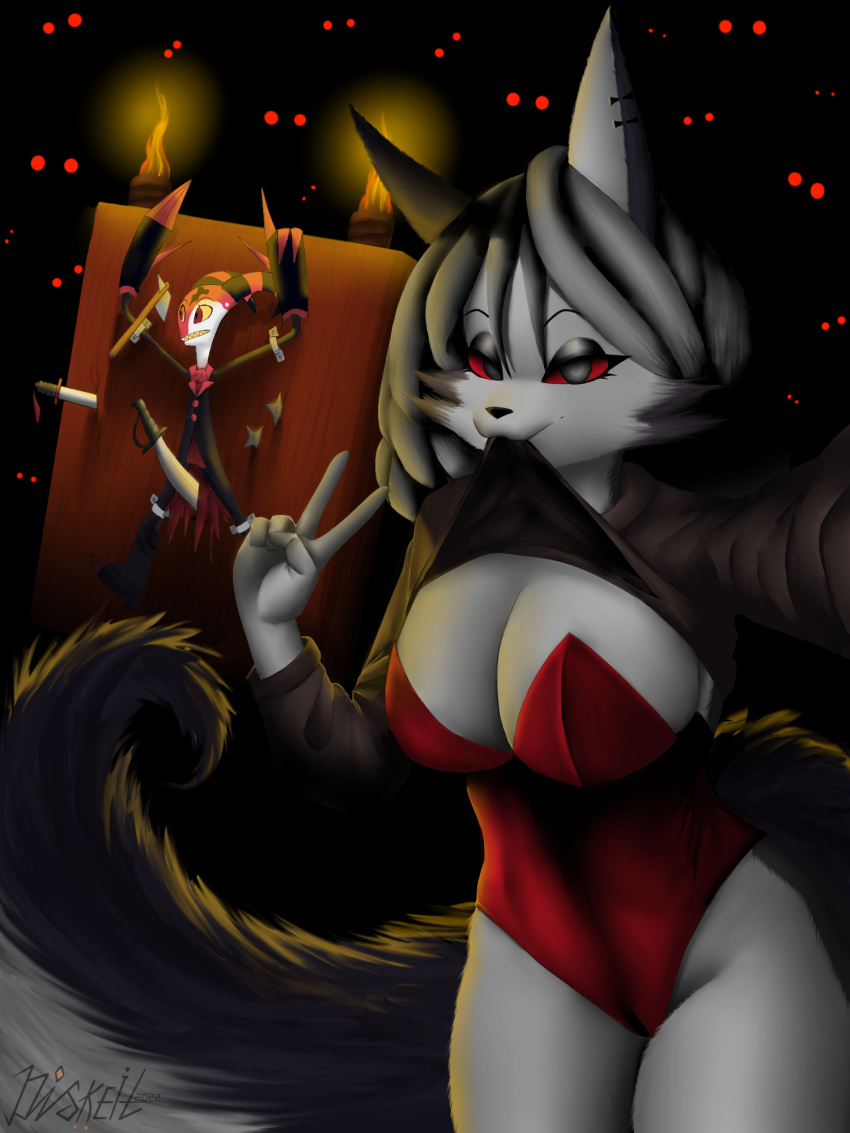 2022 anthro black_body black_fur blitzo_(helluva_boss) breasts canid canid_demon canine canis clothed clothing clothing_lift demon digital_drawing_(artwork) digital_media_(artwork) diskeit duo female fur gesture grey_hair hair hellhound helluva_boss hi_res humanoid imp leotard loona_(helluva_boss) male mammal multicolored_body multicolored_fur red_clothing shirt shirt_lift topwear v_sign white_body white_fur wolf