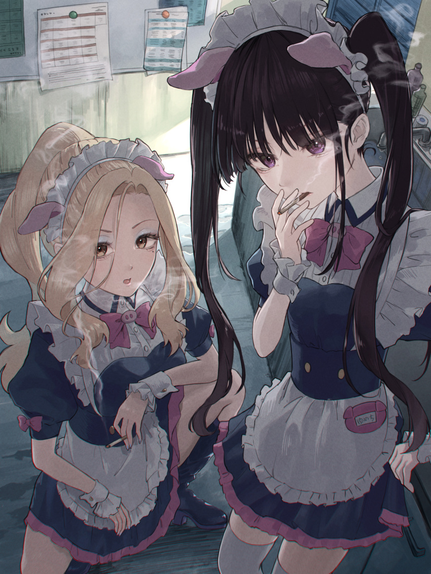 2girls :o absurdres akiba_maid_sensou animal_ears apron blonde_hair boots bow cigarette commission dripping english_commentary fake_animal_ears frilled_apron frills headdress highres holding holding_cigarette indoors long_hair looking_at_viewer maid maid_headdress mole mole_under_eye multiple_girls pig_ears ponytail purple_eyes red_bow shiipon_(akiba_maid_sensou) sink smoking squatting thighhighs twintails very_long_hair waist_apron white_thighhighs wrist_cuffs yamabuki_(yamabuki_xxxxx) yellow_eyes yumechi_(akiba_maid_sensou) zettai_ryouiki