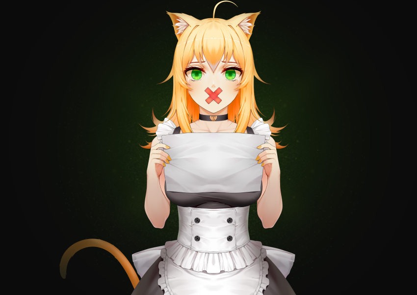 1girl absurdres ahoge animal_ear_fluff animal_ears apron bangs black_choker blonde_hair breasts cat_ears cat_tail choker gag gradient gradient_background green_eyes highres improvised_gag long_hair looking_at_viewer maid medium_breasts original solo sonikey0_0 tail tape tape_gag waist_apron