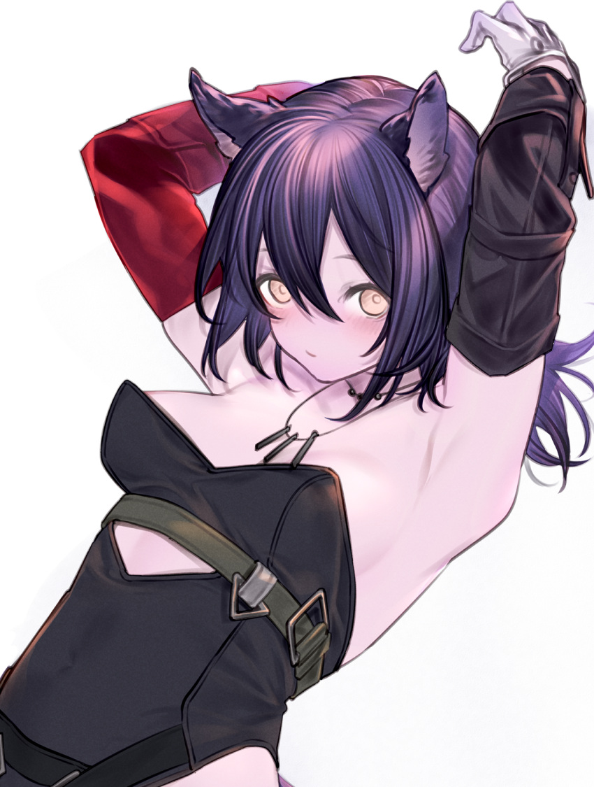 1girl animal_ears arknights arms_up asymmetrical_sleeves black_leotard black_sleeves breasts cat_ears cat_girl detached_sleeves dutch_angle gloves hair_between_eyes highres jewelry kochiya_(gothope) leotard medium_hair mismatched_sleeves necklace purple_hair red_sleeves rockrock_(arknights) sideboob simple_background small_breasts solo upper_body white_background white_gloves yellow_eyes