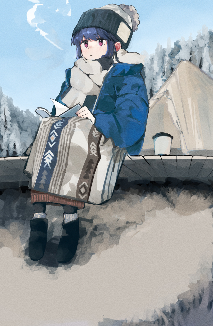 1girl absurdres bangs blanket blue_hair blue_sky book camping closed_mouth commentary_request forest full_body highres leadin_the_sky light_blush long_hair long_sleeves looking_afar mountain nature plaid_blanket purple_eyes reading shima_rin sitting sky snow snow_on_tree socks solo tent winter winter_clothes woollen_cap yurucamp
