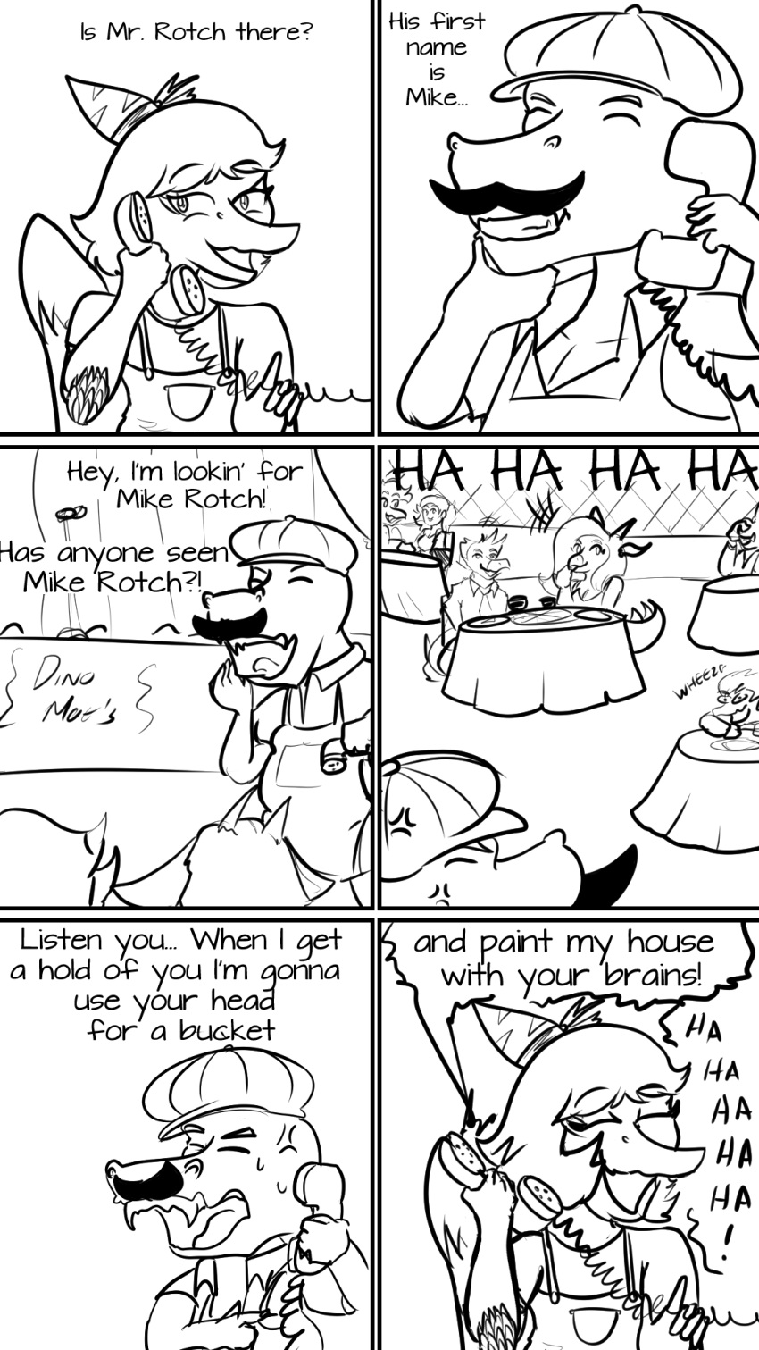 amber_(snoot_game) anthro apron arsenic_iii chair clothing comic crowd dialogue dinosaur english_text facial_hair feathered_wings feathers female furniture group hair hat headgear headwear hi_res humor long_snout male moe_(snoot_game) monochrome mustache overalls phone prank_call pterodactylus pterosaur reptile scalie sitting snoot_game_(fan_game) snout table text the_simpsons theropod tyrannosaurid tyrannosaurus video_games wings