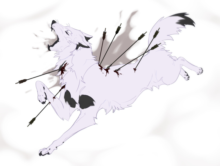 ambiguous_gender arrow_(weapon) blackscour blood bodily_fluids butt_tuft canid death ears_back eyes_closed fangs feral fluffy fluffy_tail full-length_portrait fur grey_background hi_res mammal neck_tuft open_mouth pivoted_ears portrait ranged_weapon side_view simple_background solo tuft unsigned weapon white_body white_fur wounded