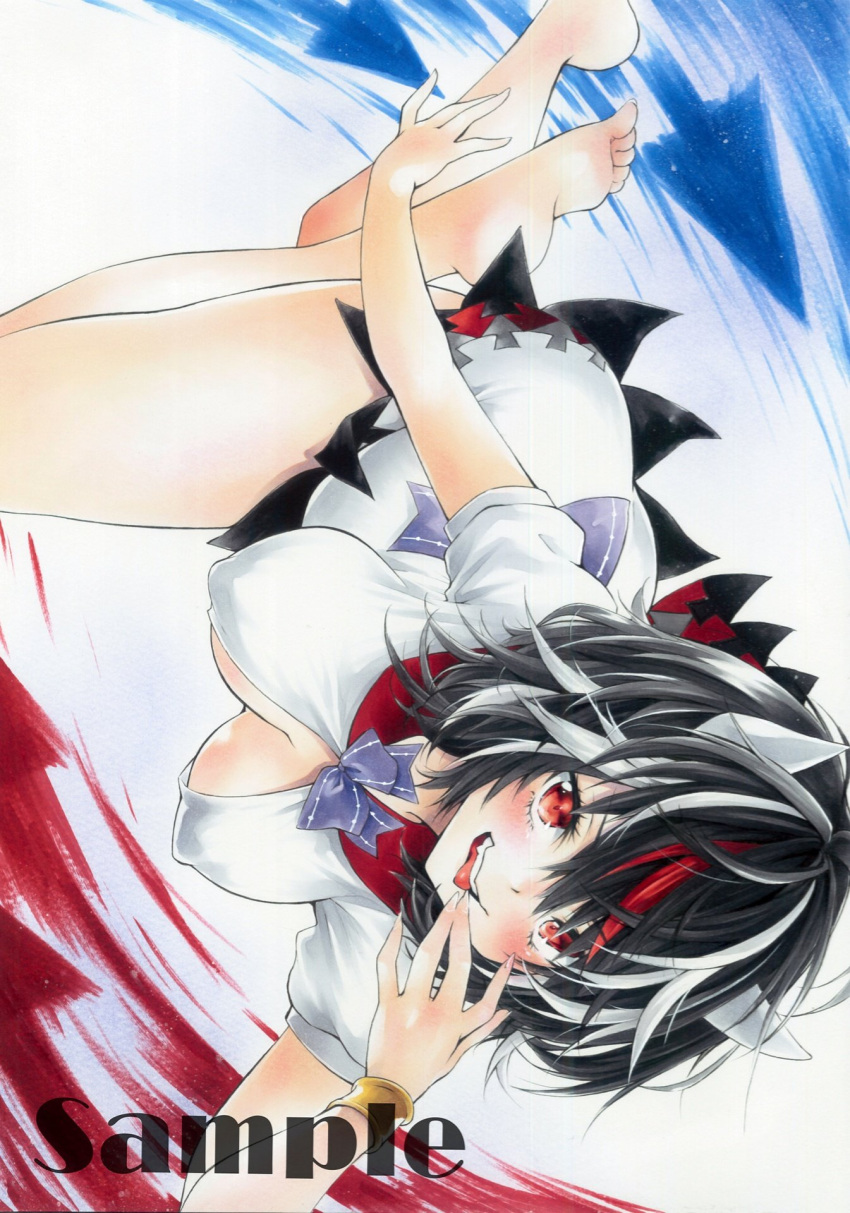 1girl arim0k0 arrow_(symbol) barefoot black_hair breasts cleavage covered_nipples dress feet full_body highres horns kijin_seija large_breasts multicolored_background multicolored_hair open_mouth red_eyes red_hair sample_watermark smile soles solo streaked_hair toes touhou traditional_media white_dress white_hair