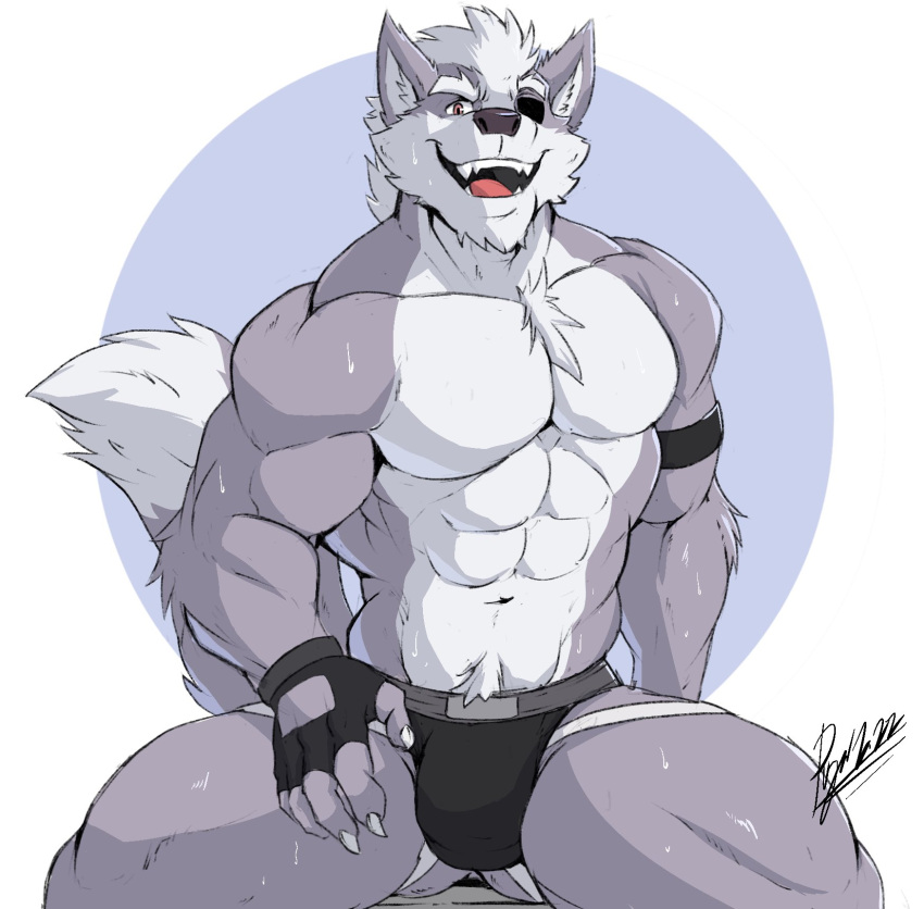 1_eye abs anthro armband bulge butt_from_the_front canid canine canis chest_tuft claws clothed clothing eye_patch eyewear fangs featureless_chest fingerless_gloves gloves handwear hi_res jockstrap lofnirv male mammal muscular muscular_anthro muscular_male nintendo open_mouth pecs raised_tail smile solo star_fox thick_thighs topless topless_male tuft underwear underwear_only video_games wolf wolf_o'donnell