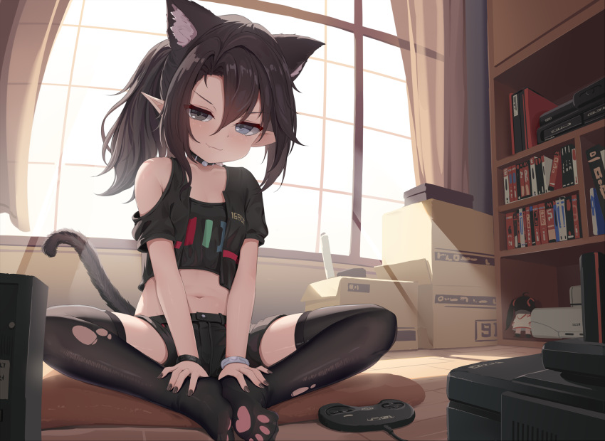 1girl animal_ear_fluff animal_ears black_eyes black_hair black_nails black_shirt black_shorts black_thighhighs black_vest bookshelf bracelet cat_ears cat_girl cat_tail character_request controller copyright_request fang game_controller hair_between_eyes highres indoors jewelry long_hair looking_at_viewer midriff nail_polish navel paw_print pointy_ears shirt short_shorts shorts sitting skin_fang solo tail tenroy thighhighs torn_clothes torn_thighhighs vest window