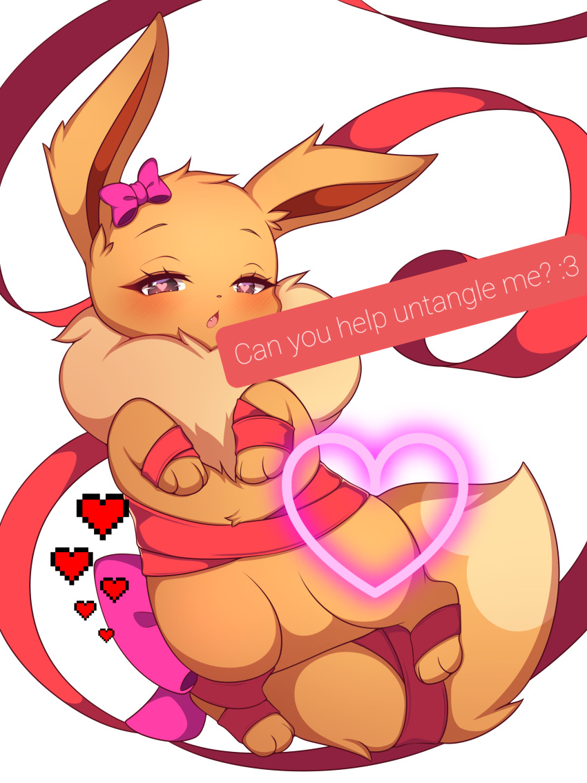 &lt;3 &lt;3_eyes absurd_res blush bound butt_bow eevee embarrassed female feral generation_1_pokemon hi_res lustful_gaze nintendo nuzzle_the_eevee pink_bow pokemon pokemon_(species) red_ribbon seviyummy solo speech_bubble video_games