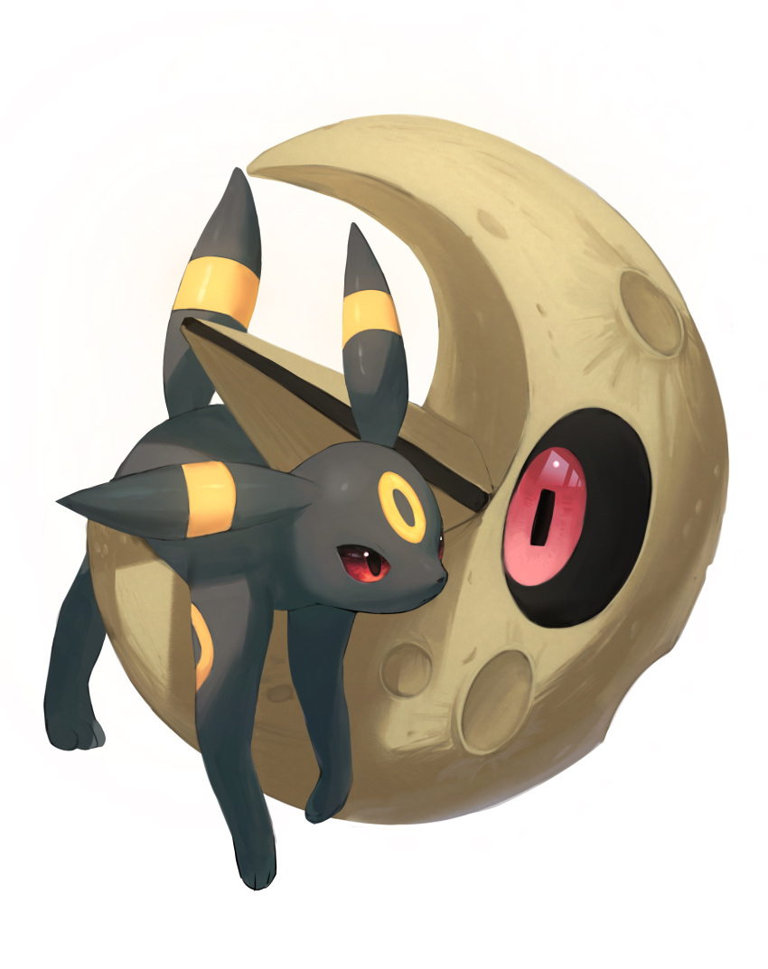 black_sclera cat colored_sclera commentary crater highres horezai lunatone lying no_humans on_stomach pokemon pokemon_(creature) red_eyes simple_background toes umbreon white_background