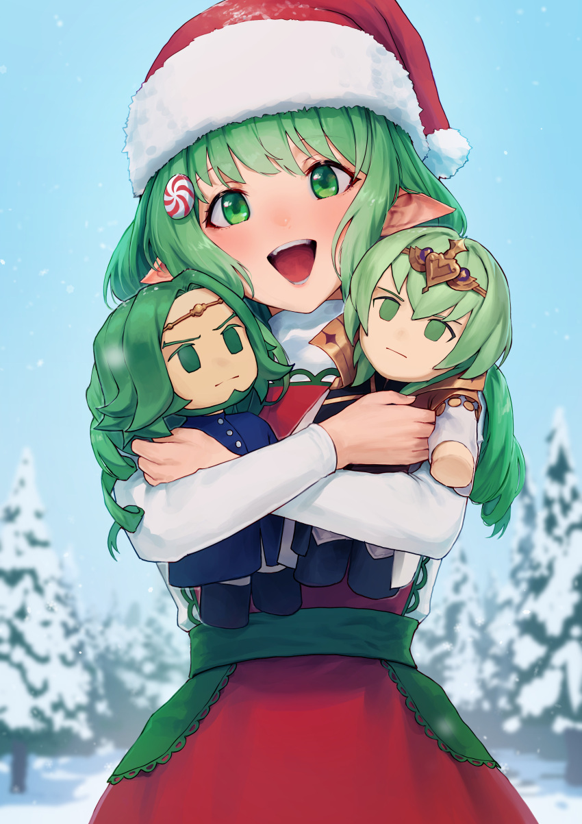 1girl :d absurdres alaskastomatoez alternate_costume byleth_(fire_emblem) candy_hair_ornament character_doll christmas doll dress drill_hair enlightened_byleth_(male) fire_emblem fire_emblem:_three_houses flayn_(fire_emblem) food-themed_hair_ornament green_eyes green_hair hair_ornament hat highres holding holding_doll long_hair looking_at_viewer open_mouth peppermint pointy_ears red_dress santa_costume santa_hat seteth_(fire_emblem) smile snow solo teeth twin_drills