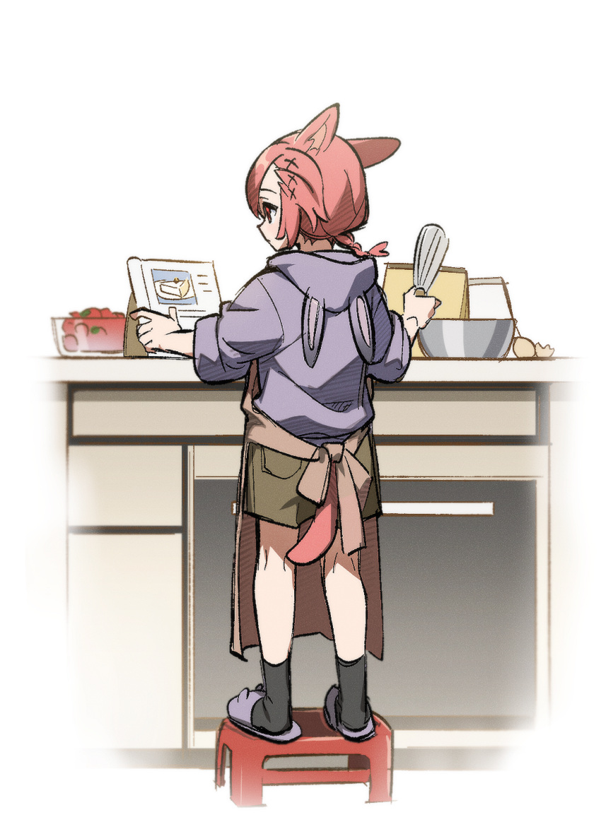 1boy aged_down alternate_costume animal_ears animal_hood animal_slippers apron baking bangs batter black_socks bowl braid braided_ponytail brown_apron brown_shorts bunny_slippers cake cake_slice cat_boy cat_ears cat_tail child chinese_commentary commentary_request eggshell expressionless final_fantasy final_fantasy_xiv food from_behind fruit full_body g'raha_tia hair_ornament highres holding hood hood_down hoodie indoors kitchen low_ponytail male_child male_focus miqo'te purple_hoodie rabbit_hood recipe_(object) red_eyes red_hair short_hair short_ponytail shorts single_braid slippers socks solo standing stool tail wuliu_heihuo x_hair_ornament