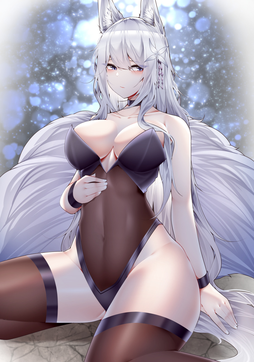 1girl absurdres animal_ears azur_lane black_choker black_leotard black_thighhighs blue_eyes breasts choker collarbone flower fox_ears fox_girl fox_tail hair_flower hair_ornament highres kitsune large_breasts leotard long_hair looking_at_viewer samip shinano_(azur_lane) solo tail thighhighs white_hair