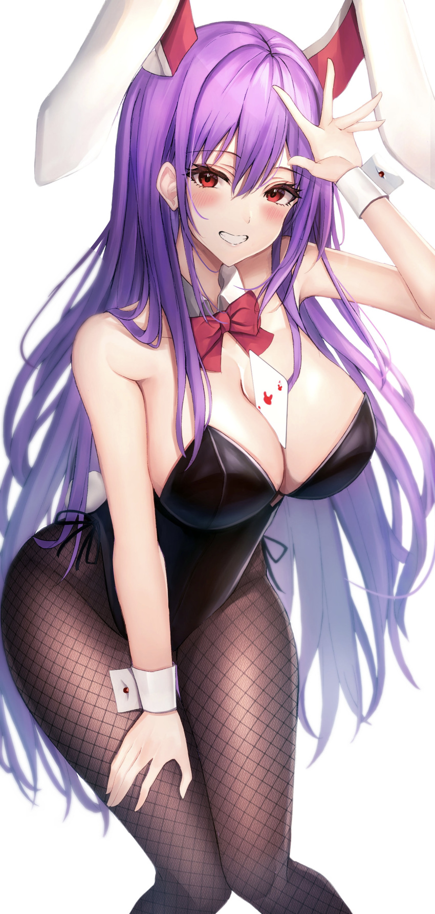 .me 1girl absurdres animal_ears black_leotard bow bowtie detached_collar extra_ears fishnet_pantyhose fishnets highres leotard light_purple_hair long_hair necktie pantyhose playboy_bunny purple_hair rabbit_ears rabbit_tail red_eyes red_necktie reisen_udongein_inaba simple_background solo strapless strapless_leotard tail touhou very_long_hair white_background wrist_cuffs