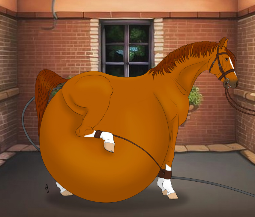 2022 alexvalyutin anal_inflation anus belly big_belly black_nose bridle brown_body brown_eyes brown_mane brown_tail butt digital_drawing_(artwork) digital_media_(artwork) equid equine equine_anus facial_markings female feral head_markings hi_res hooves horse hose hose_in_butt hose_inflation hyper hyper_belly inflation inside long_tail mammal mane markings one_leg_up quadruped raised_leg raised_tail signature solo stall_(disambiguation) tack water_inflation