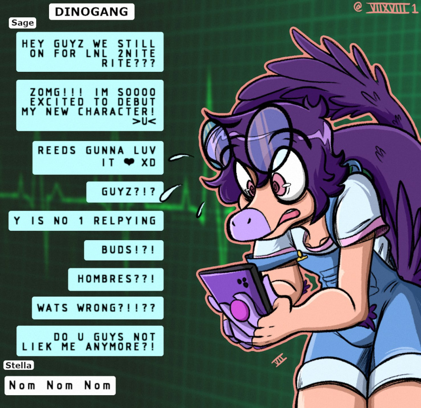 &lt;3 anthro clothed clothing dinosaur dromaeosaurid english_text eyewear feathered_tail feathers glasses goodbye_volcano_high hair hi_res male multicolored_body orange_body overalls phone purple_eyes purple_hair reptile sage_(gvh) scalie seven_(artist) snoot_game_(fan_game) solo text texting theropod two_tone_body velociraptor video_games