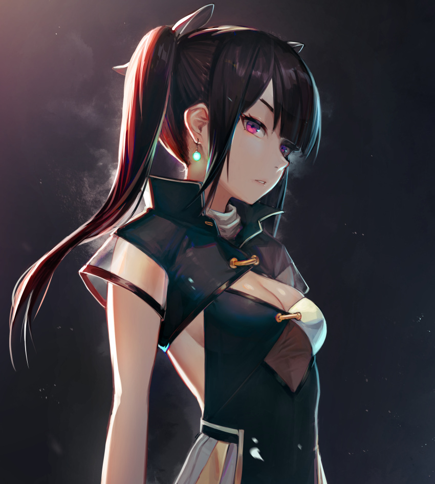 1girl absurdres alaskastomatoez black_hair breasts cleavage earrings from_side hair_ribbon highres jewelry looking_at_viewer original parted_lips ribbon small_breasts solo twintails upper_body