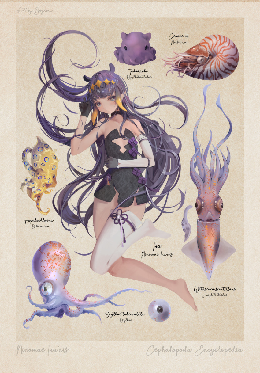 1girl artist_name barefoot blue_eyes blush breasts choker crustacean dress eyeball full_body gloves highres hololive hololive_english horns long_hair looking_at_viewer meiyan_(boyimachao) ninomae_ina'nis notes octopus orange_hair pointy_ears purple_eyes ribbon seashell shell signature small_breasts solo squid thighhighs virtual_youtuber