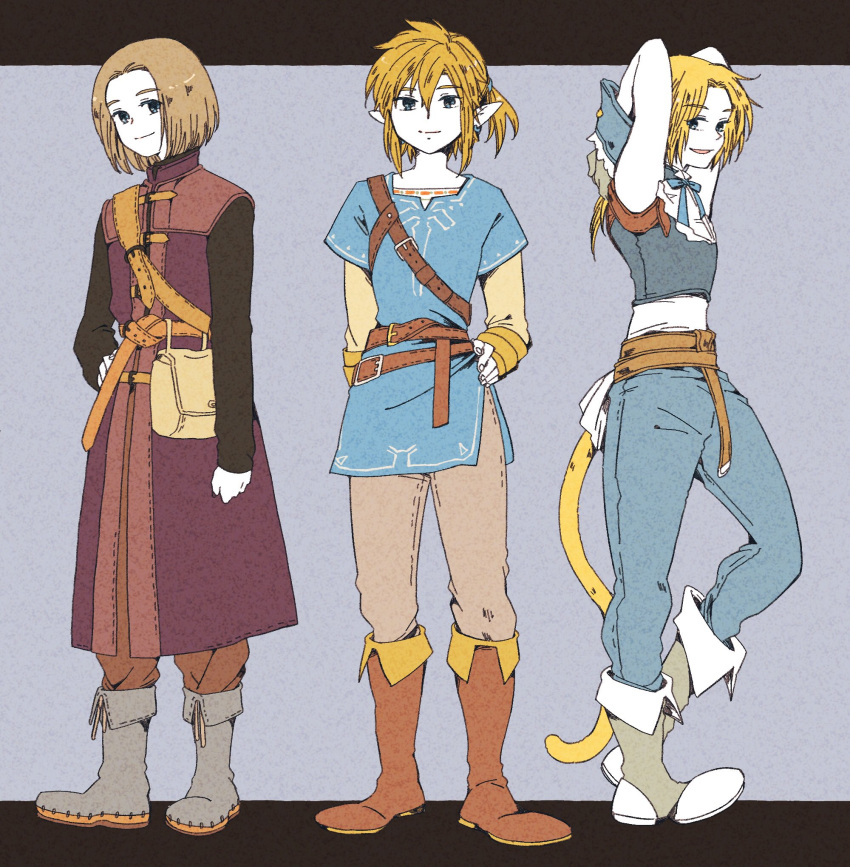 3boys arms_behind_head bangs bare_shoulders belt black_sleeves blonde_hair blue_pants blue_ribbon blue_tunic boots brown_footwear brown_hair brown_pants cropped_vest dragon_quest dragon_quest_xi final_fantasy final_fantasy_ix frilled_shirt_collar frills gloves grey_footwear grey_gloves grey_vest hair_between_eyes hand_on_hip hero_(dq11) highres letterboxed link long_coat looking_at_viewer low_ponytail male_focus medium_hair monkey_tail multiple_belts multiple_boys neck_ribbon pants parted_bangs parted_lips pointy_ears ribbon shirt short_hair short_hair_with_long_locks sidelocks sleeveless sleeveless_shirt smile standing tail tamagodamaco the_legend_of_zelda the_legend_of_zelda:_breath_of_the_wild vest white_shirt wrist_cuffs yellow_shirt zidane_tribal