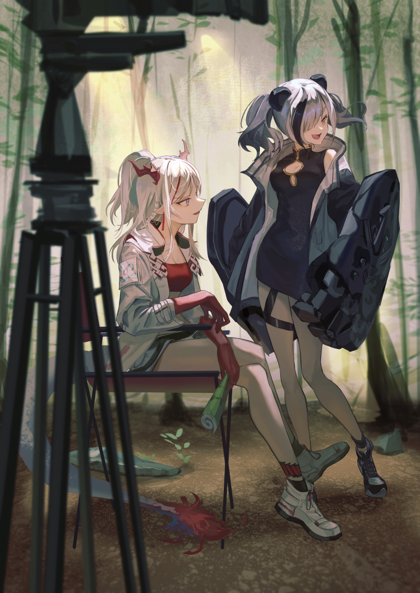 2girls :d absurdres animal_ears arknights bamboo black_footwear black_hair black_ribbon breasts camera cleavage cleavage_cutout clothing_cutout colored_skin commentary dragon_girl dragon_horns dragon_tail dress feater_(arknights) full_body grey_hair grey_jacket hair_over_one_eye highres holding holding_paper horns jacket leg_ribbon long_sleeves mechanical_arms multicolored_hair multiple_girls natsuba002 nian_(arknights) one_eye_covered open_clothes open_jacket open_mouth panda_ears paper pointy_ears ponytail purple_eyes red_eyes red_hair red_skin red_tube_top ribbon shoes sleeveless sleeveless_dress smile strapless streaked_hair tail tongue tripod tube_top white_footwear white_hair white_jacket
