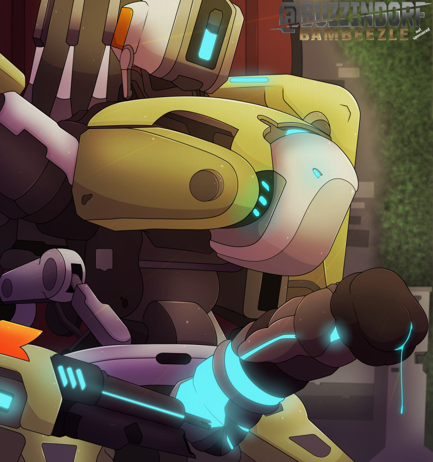 bastion_(overwatch) blizzard_entertainment bodily_fluids buzzindorf digital_media_(artwork) erection genital_fluids genitals hi_res machine male not_furry omnic overwatch penis ranged_weapon robot simple_background solo video_games weapon