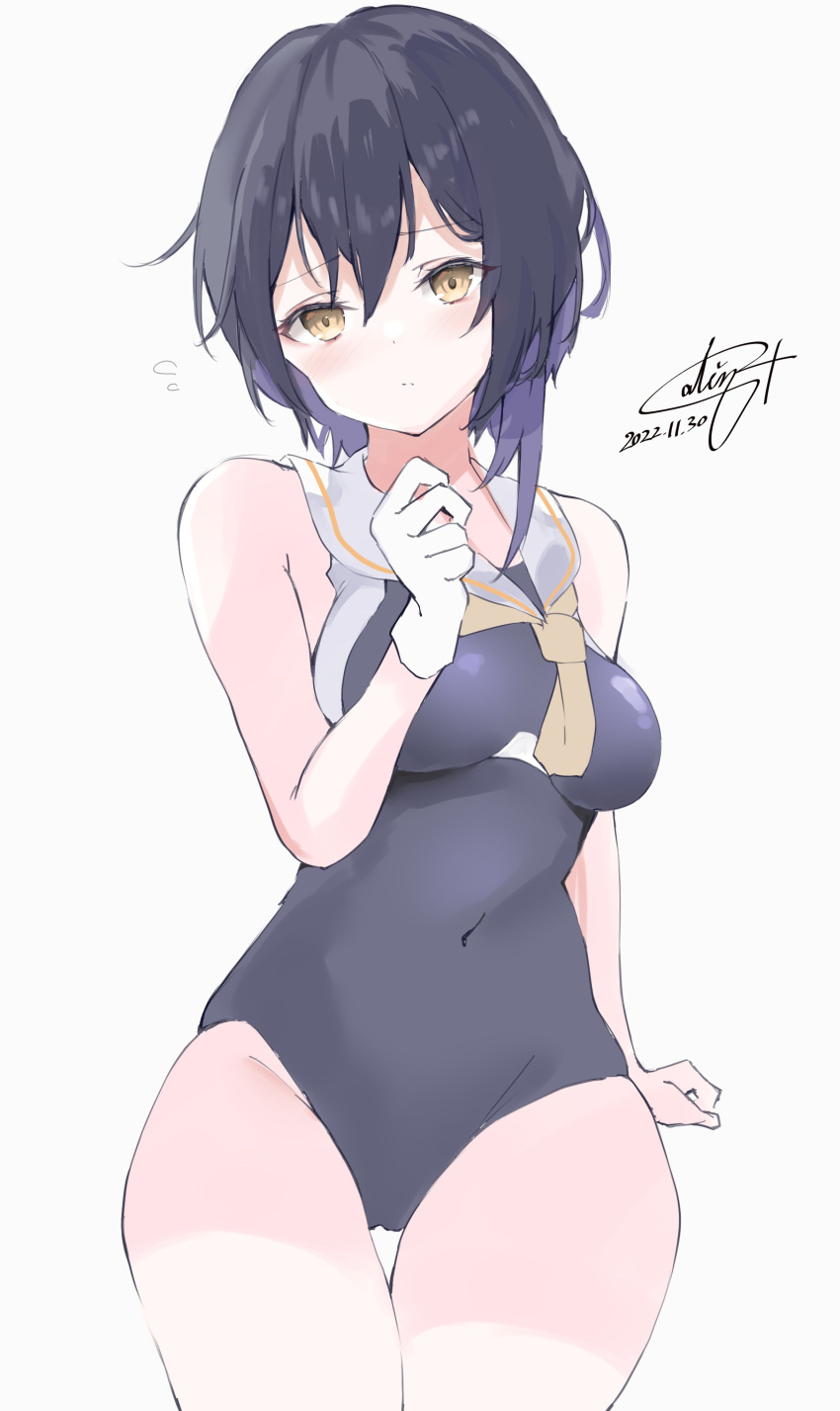 1girl absurdres asymmetrical_hair black_hair black_one-piece_swimsuit breast_cutout brown_eyes brown_neckerchief calin covered_navel cowboy_shot crop_top dated framed_breasts hair_between_eyes highres i-13_(kancolle) kantai_collection looking_at_viewer neckerchief one-hour_drawing_challenge one-piece_swimsuit sailor_collar school_swimsuit short_hair signature simple_background solo swimsuit swimsuit_under_clothes thigh_gap white_background white_sailor_collar
