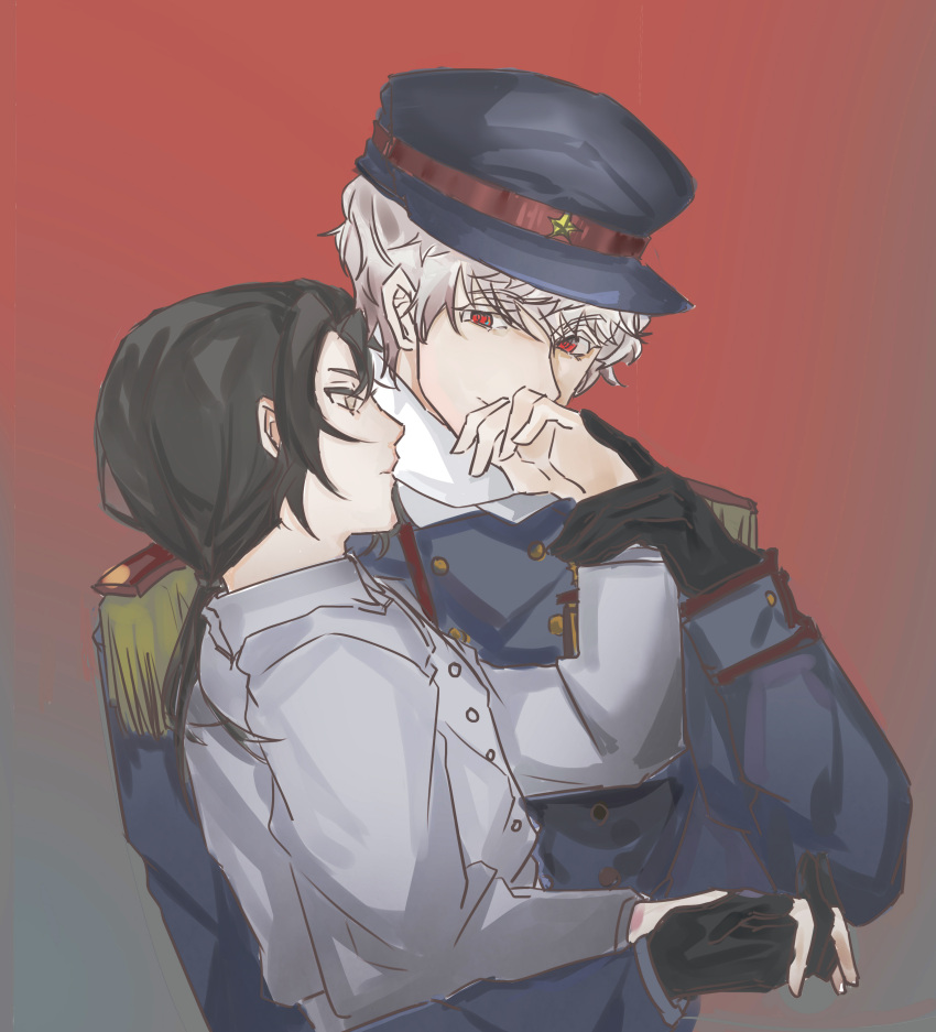 2boys absurdres axis_powers_hetalia black_gloves black_hair blonde_hair china_(hetalia) expressionless gloves green_eyes hat highres interlocked_fingers kiss kissing_hand low_ponytail mao_jacket military military_uniform multiple_boys peaked_cap ponytail red_eyes russia_(hetalia) short_hair smile theghostcherry uniform yaoi