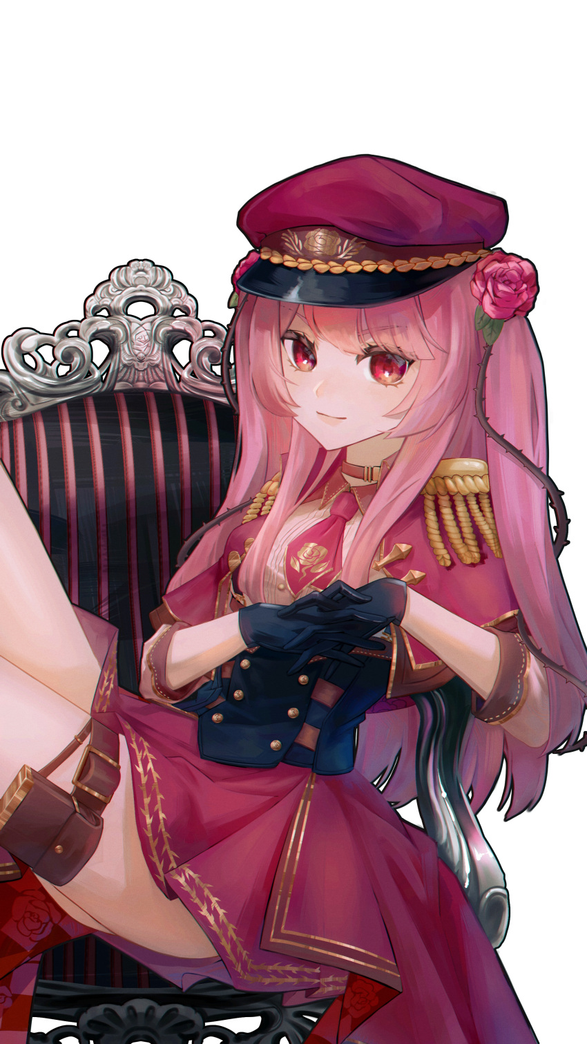 1girl absurdres bangs black_corset black_gloves choker corset cowboy_shot enxing9 epaulettes flower gloves gold_trim hair_flower hair_ornament hat highres interlocked_fingers light_smile long_hair looking_at_viewer necktie nijisanji nijisanji_en on_chair own_hands_together peaked_cap pink_hair plant red_eyes red_headwear red_necktie red_skirt rose rosemi_lovelock sidelocks simple_background sitting sitting_sideways skirt smile solo thigh_pouch uniform vines virtual_youtuber white_background