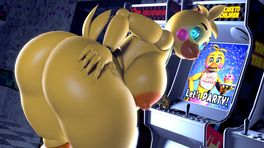 3d_(artwork) 5_fingers absurd_res animatronic anthro arcade arcade_machine areola avian beak big_breasts big_butt bird blonde_hair blue_eyes breasts butt butt_focus checkered_floor chicken digital_media_(artwork) female fingers five_nights_at_freddy's five_nights_at_freddy's_2 galliform gallus_(genus) gaming glowing glowing_eyes hair hand_on_butt hi_res huge_butt lewdwithlogan looking_at_viewer looking_back machine nipples nude orange_areola orange_beak orange_nipples phasianid presenting presenting_hindquarters robot rosy_cheeks scottgames solo solo_focus source_filmmaker thick_thighs toy_chica_(fnaf) video_games yellow_body