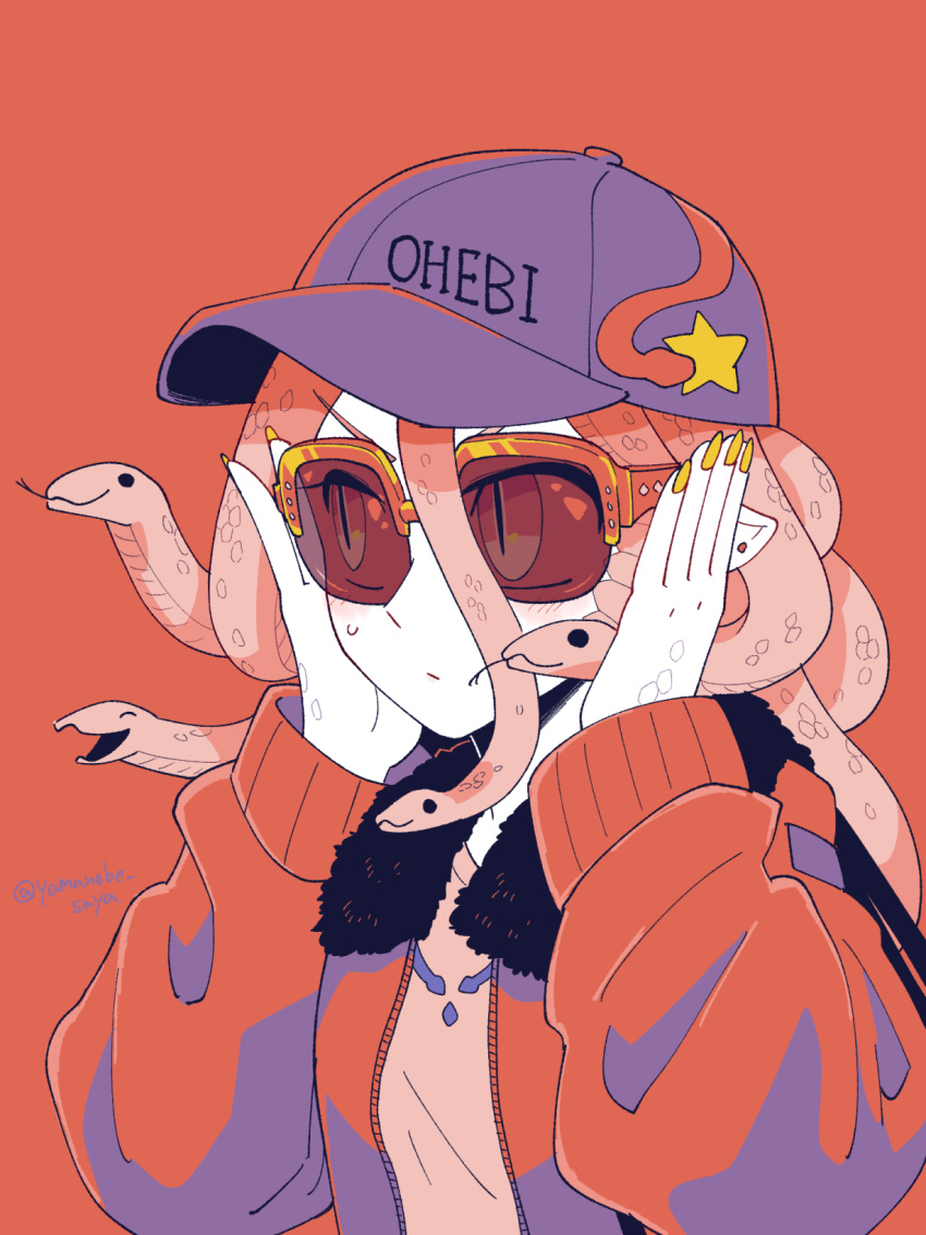 1girl :/ artist_name baseball_cap closed_mouth colored_skin ear_piercing fur-trimmed_jacket fur_trim hands_on_own_cheeks hands_on_own_face hands_up hat highres jacket limited_palette living_hair looking_to_the_side orange-framed_eyewear orange_background orange_hair orange_jacket original piercing pointy_ears purple_headwear red-tinted_eyewear reptile_girl scales simple_background slit_pupils snake_hair solo sunglasses tinted_eyewear twitter_username upper_body white_skin yamanobe_saya yellow_nails