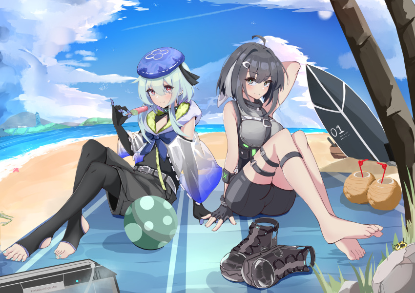 1boy 1girl absurdres ahoge aqua_hair aqua_nails arknights arm_support arm_up ass ball bangs barefoot beach beach_towel beachball belt black_gloves black_hair black_pantyhose black_ribbon blue_headwear blue_neckerchief blue_sky blush breasts chinese_commentary closed_mouth cloud cloudy_sky collarbone commentary_request crossdressing day elbow_gloves eyelashes feet fingerless_gloves food foreshortening gloves grass grey_belt grey_eyes grey_hair grey_shirt grey_shorts hair_between_eyes hair_intakes hair_ornament highres holding jager knees_together_feet_apart knees_up la_pluma_(arknights) large_breasts leaning_back legs legs_together looking_at_viewer medium_hair mizuki_(arknights) multicolored_hair nail_polish neckerchief no_shoes otoko_no_ko outdoors palm_tree pantyhose pink_eyes popsicle ribbon rock shadow shirt shoes shoes_removed short_hair_with_long_locks shorts sidelocks sky sleeveless stirrup_legwear streaked_hair surfboard thighs toeless_legwear toenail_polish toenails toes towel tree