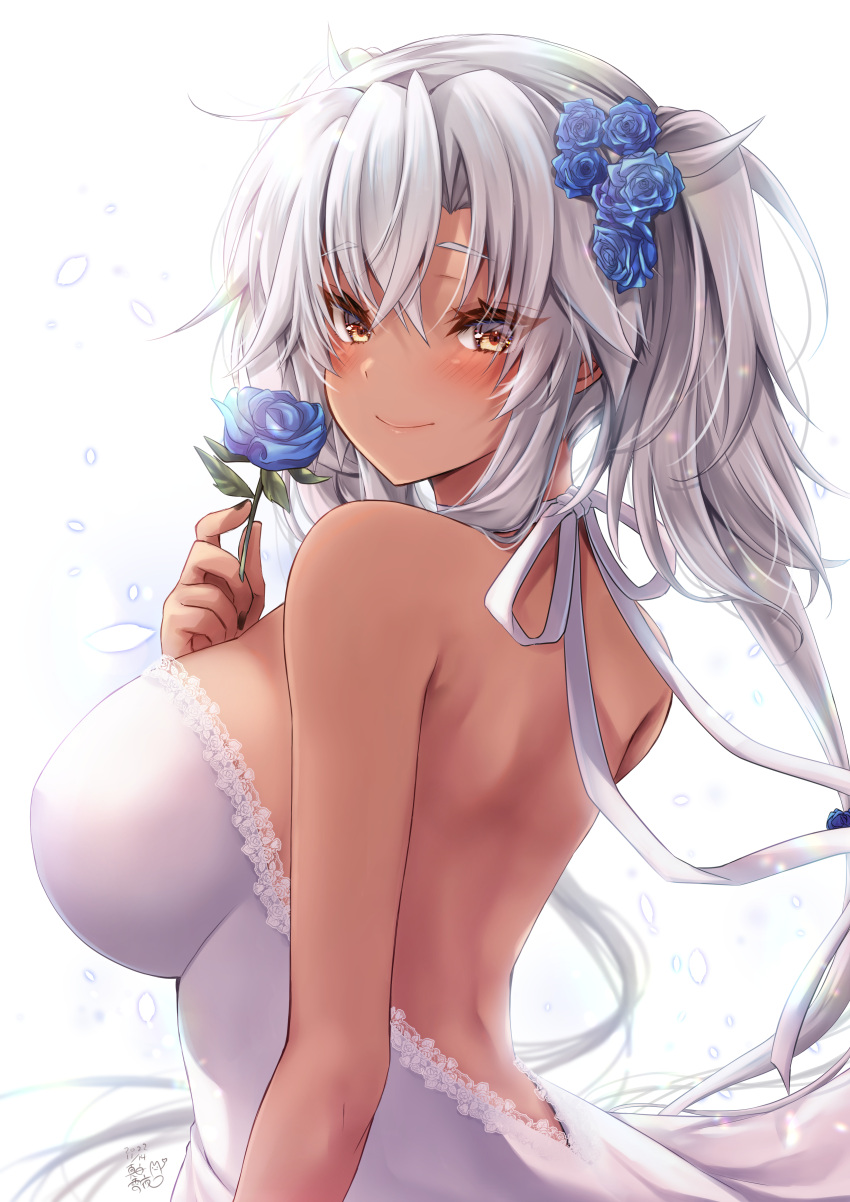 1girl absurdres back bare_shoulders black_nails blue_flower blue_rose blush breasts brown_eyes cleavage dark-skinned_female dark_skin dress flower hair_between_eyes hair_ornament highres kantai_collection large_breasts light_brown_hair long_hair looking_at_viewer looking_back mashiro_yukiya musashi_(kancolle) off_shoulder pointy_hair rose short_hair_with_long_locks smile solo twintails two_side_up white_dress