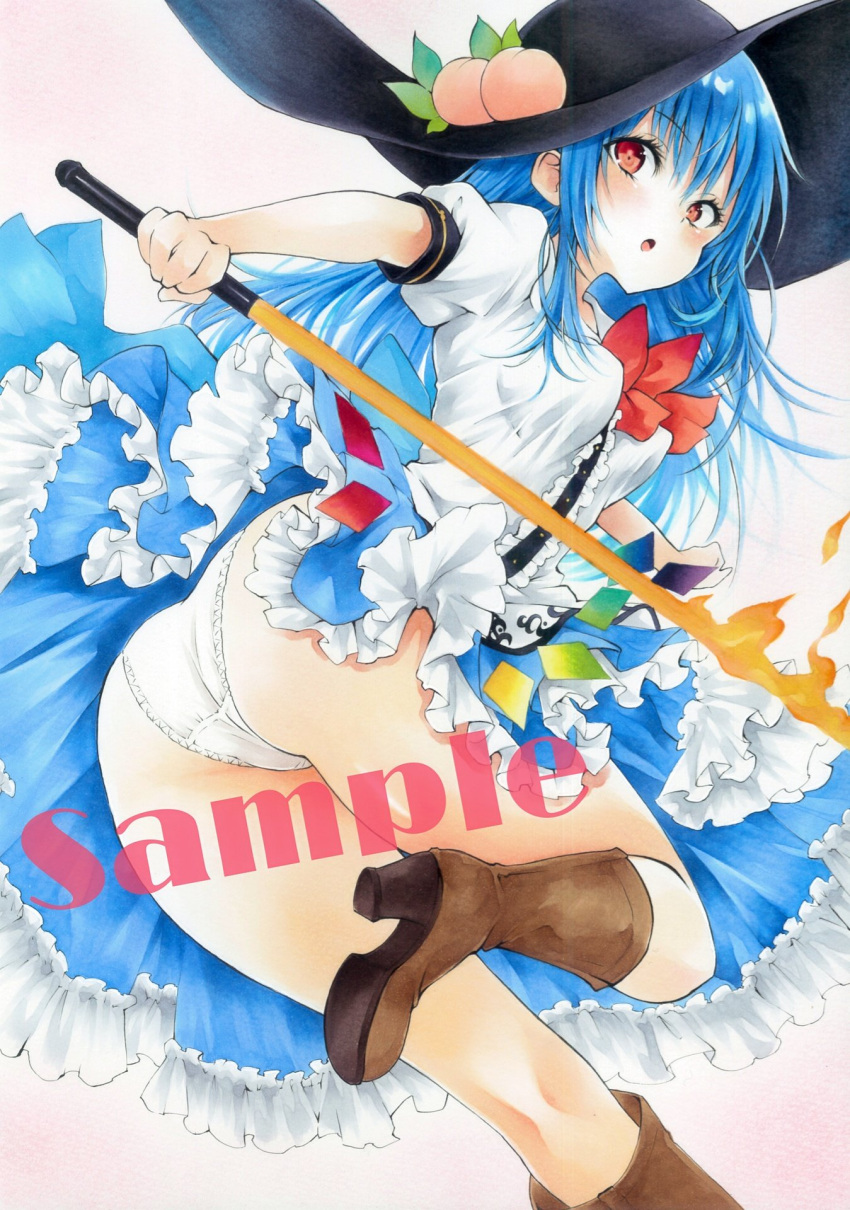 1girl arim0k0 black_headwear blue_hair blue_skirt boots breasts brown_footwear center_frills food frilled_skirt frills from_behind fruit high_heel_boots high_heels highres hinanawi_tenshi holding holding_sword holding_weapon leaf long_hair looking_at_viewer looking_back medium_breasts open_mouth panties peach rainbow_order red_eyes sample_watermark short_sleeves simple_background skirt solo sword sword_of_hisou touhou traditional_media underwear weapon white_background white_panties