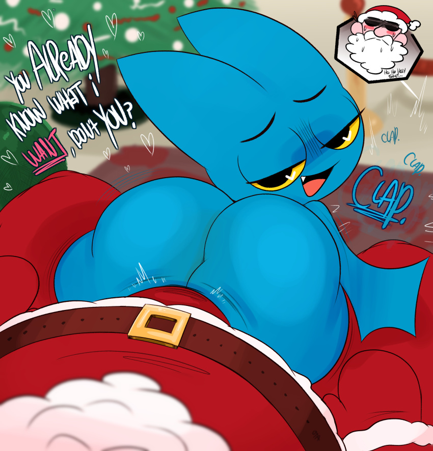 &lt;3 2022 adorabat anthro ass_clapping bat_wings beard belt big_beard big_butt big_ears black_eyebrows black_eyes blue_body blue_ears blue_fur blush bodily_fluids brown_belt bulge butt cartoon_network chiropteran christmas christmas_clothing christmas_headwear christmas_tree clothing costume cute_fangs duo english_text eyebrows facial_hair fangs female first_person_view fur glistening glistening_eyes gloves handwear hat headgear headwear hi_res holidays huge_butt huge_hips human inside light_body light_skin looking_at_viewer looking_back male male/female mammal mao_mao:_heroes_of_pure_heart membrane_(anatomy) membranous_wings narrowed_eyes naughty_face noseless on_lap onomatopoeia open_mouth ota_(artist) pink_tongue plant profanity rear_view red_clothing red_gloves red_handwear red_hat red_headwear santa_claus santa_costume santa_hat sitting sitting_on_lap sound_effects sweat sweatdrop teasing teeth teeth_showing text tongue tree white_beard wide_hips winged_arms wings yellow_sclera