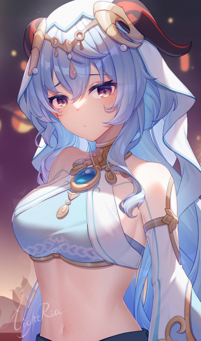 1girl absurdres artist_name bangs bare_shoulders blue_hair blush breasts brooch commentary_request cosplay crop_top detached_sleeves ganyu_(genshin_impact) genshin_impact hair_between_eyes highres horns jewelry large_breasts lightria long_hair long_sleeves looking_at_viewer midriff navel nilou_(genshin_impact) nilou_(genshin_impact)_(cosplay) purple_eyes signature solo stomach veil