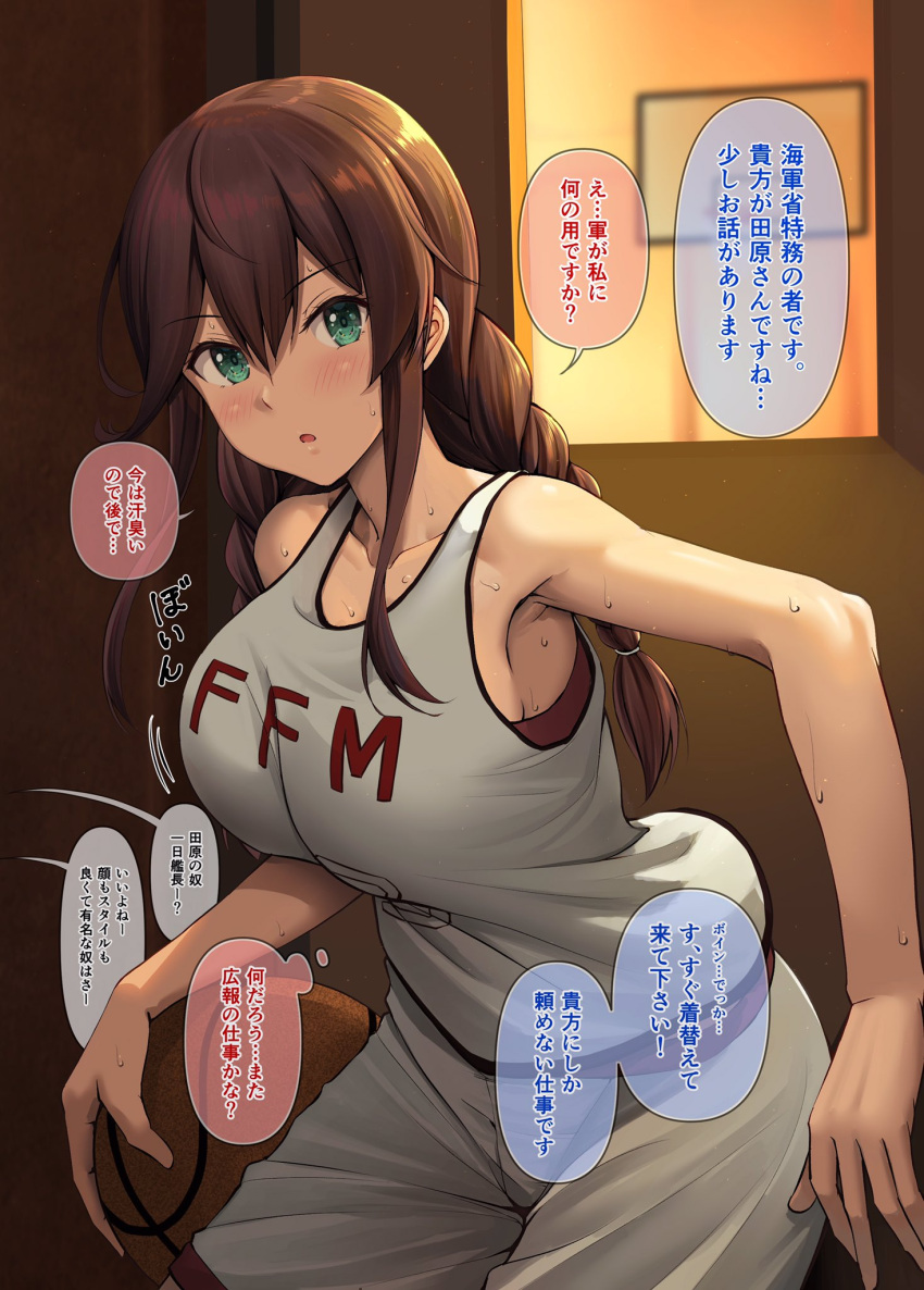 1girl armpits ball bangs basketball basketball_uniform blurry blurry_background blush braid breasts brown_hair collarbone cowboy_shot green_eyes hair_between_eyes highres holding holding_ball ichikawa_feesu indoors kantai_collection large_breasts leaning_forward long_hair looking_at_viewer low_twin_braids noshiro_(kancolle) parted_lips shorts solo sportswear sweat tank_top twin_braids white_shorts white_tank_top