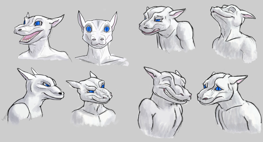 2019 anthro bald blue_eyes clothed clothing digital_drawing_(artwork) digital_media_(artwork) divdurvart eyes_closed frown grey_body grey_scales grimace happy hi_res humanoid kobold looking_at_viewer male male/male sad scales shaded simple_background simple_shading sketch smile smug_face solo topless