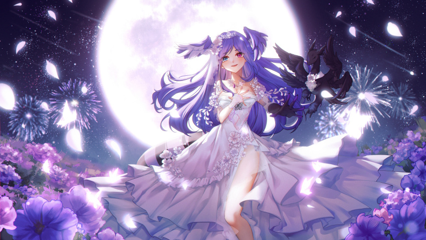 1girl absurdres asymmetrical_arms bangs breasts cleavage dress ember_(selen_tatsuki) enxing9 feet_out_of_frame fingernails fireworks floating_hair flower full_moon gloves glowing_petals hair_down hand_on_own_chest head_wings heterochromia highres hydrangea jewelry long_hair moon nail_polish necklace night night_sky nijisanji nijisanji_en outdoors parted_bangs parted_lips petals pleated_dress purple_flower purple_hair selen_tatsuki single_bare_leg single_glove sky slit_pupils smile solo standing star_(sky) starry_sky tiara virtual_youtuber white_dress