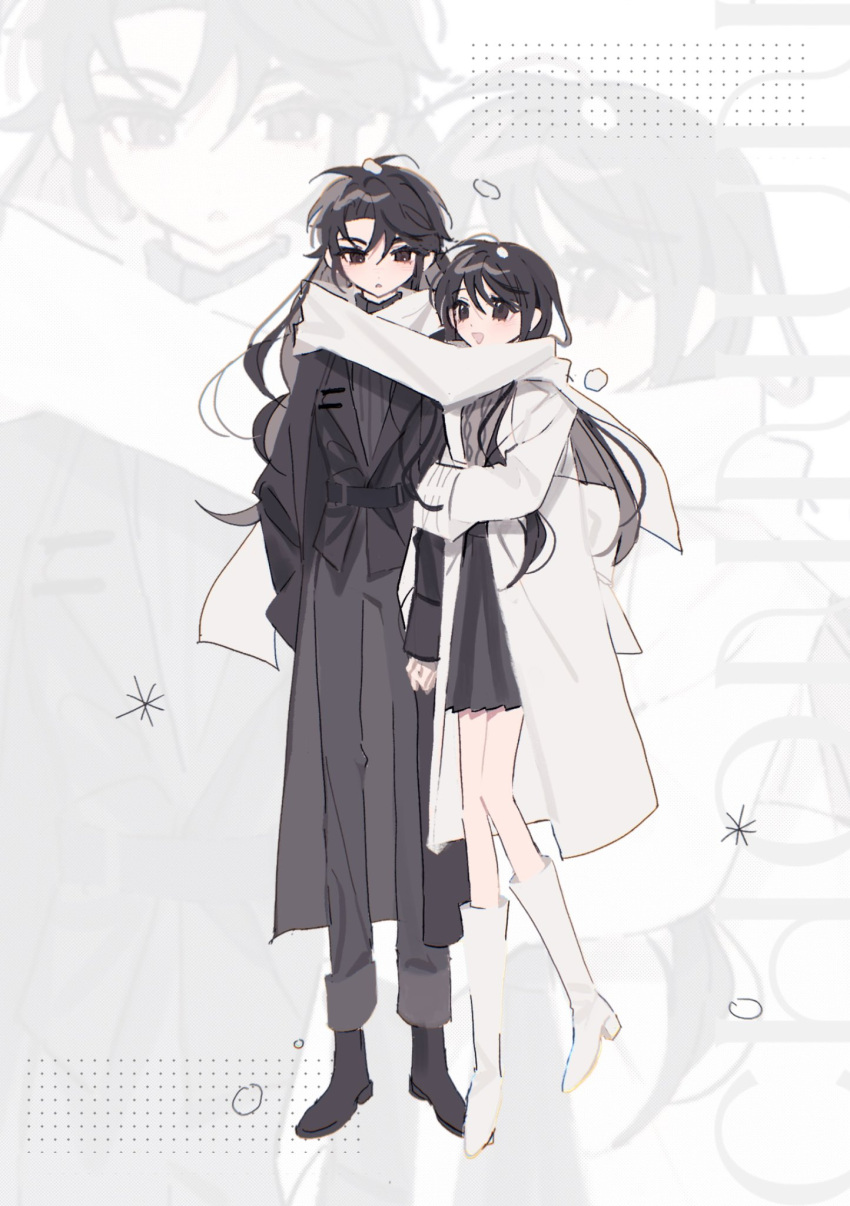 2girls bangs black_coat black_footwear black_hair black_pants blush boots brown_eyes coat dress full_body genderswap genderswap_(mtf) highres kim_dokja long_hair long_sleeves looking_at_another multiple_girls omniscient_reader's_viewpoint open_mouth pants scarf shared_clothes shared_scarf shimakaze_(kancolle) smile standing white_coat white_footwear white_scarf ya_qaq yoo_joonghyuk