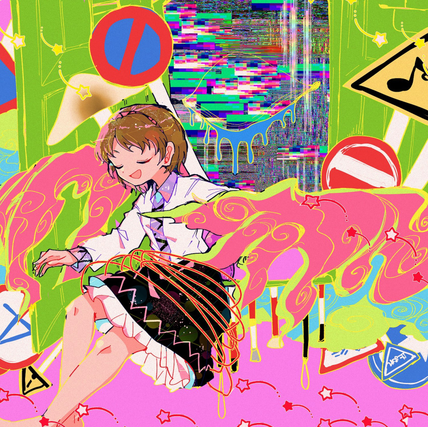 1girl :d abstract bare_legs black_skirt brown_hair closed_eyes cloud commentary_request door floating hairband highres itomugi-kun long_sleeves open_door open_mouth purple_hairband road_sign shirt short_hair sign skirt smile solo star_(symbol) touhou tsukumo_yatsuhashi white_shirt