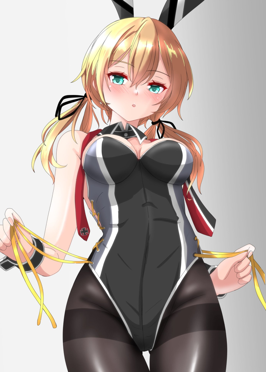 1girl :o adapted_costume anchor_hair_ornament aqua_eyes black_leotard black_pantyhose blonde_hair cross gradient grey_background grey_leotard hair_ornament hat highres iron_cross kantai_collection leotard looking_at_viewer low_twintails military military_uniform nitamako_(sakamalh) pantyhose peaked_cap prinz_eugen_(kancolle) smile solo twintails two-tone_background undone_necktie uniform wrist_cuffs