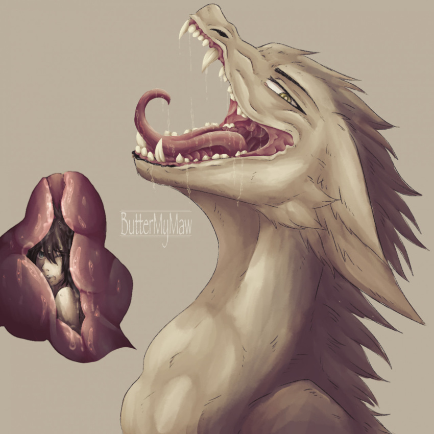 bodily_fluids butter_the_dragon buttermymaw digital_media_(artwork) dragon drooling duo female female_pred feral fur furred_dragon hair hi_res human human_prey humanoid internal internal_oral male mammal nude open_mouth oral_vore saliva size_difference smaller_human soft_vore tongue tongue_out vore wingless_dragon