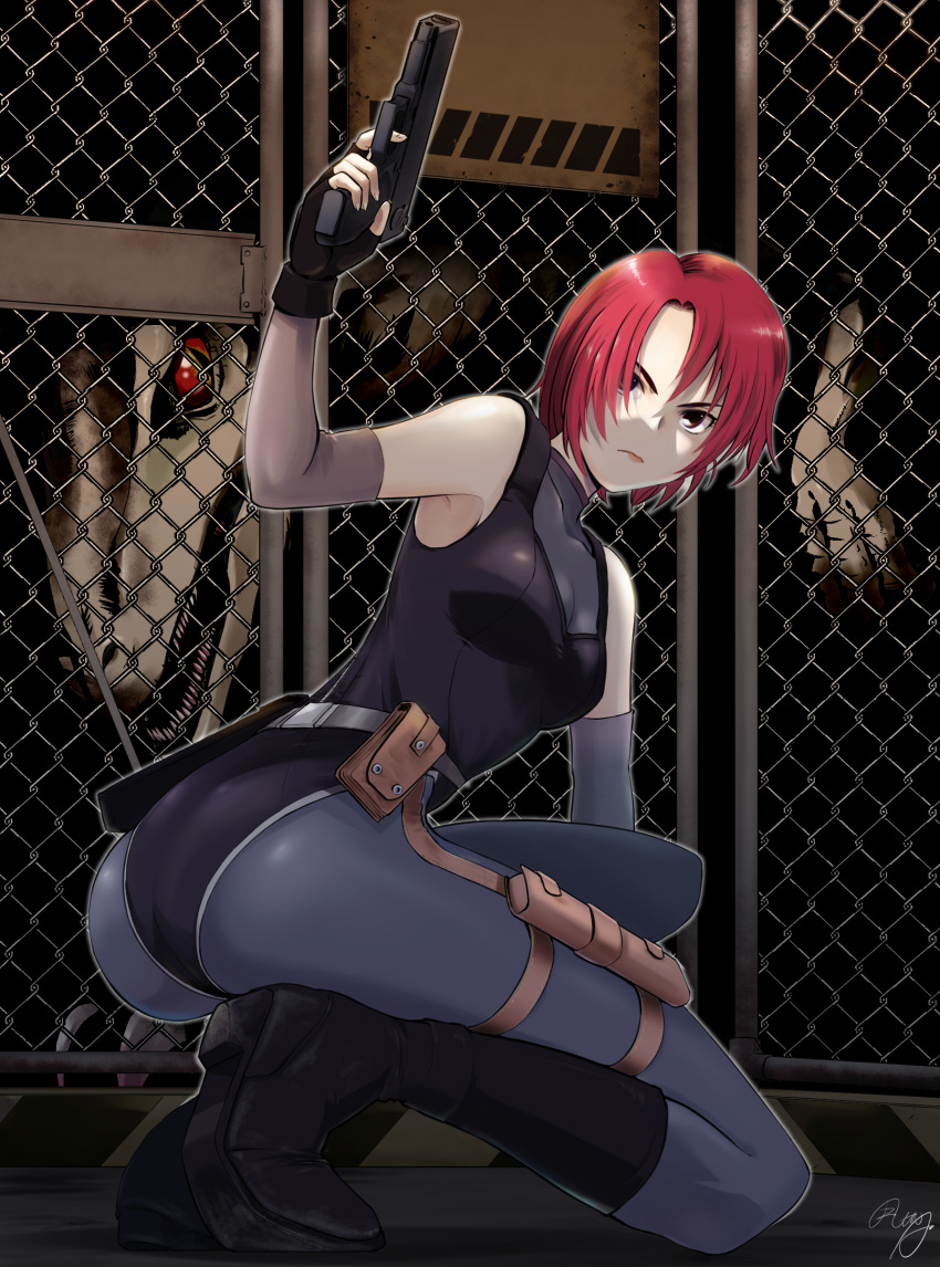 1girl absurdres artist_name bangs bare_shoulders belt bodysuit boots breasts chain-link_fence claws closed_mouth commentary_request covered_collarbone dino_crisis dinosaur fence fingerless_gloves fingernails full_body gloves gun hanabusa_(xztr3448) handgun highres holding holding_weapon holster knee_boots leotard lips looking_at_viewer medium_breasts red_eyes red_hair regina_(dino_crisis) serious sharp_teeth shiny shiny_hair short_hair signature simple_background skin_tight sleeveless squatting teeth thigh_holster turtleneck velociraptor weapon