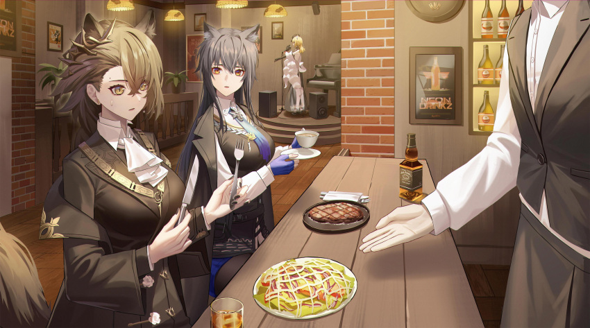 3girls absurdres alcohol animal_ear_fluff animal_ears arknights ascot bangs black_coat black_jacket black_nails black_vest blue_gloves blue_necktie blue_skirt breasts brown_hair coat collared_shirt crossed_bangs cup dress dress_shirt extra_ears fingerless_gloves food fork gloves grey_hair highres holding holding_fork holding_knife indoors instrument jack_daniel's jacket knife large_breasts long_hair looking_at_another microphone mole_above_eye multiple_girls music nail_polish necktie okonomiyaki open_clothes open_coat pantyhose penance_(arknights) piano plate pleated_skirt shirt short_hair sidelocks singing sitting skirt sora_(arknights) speaker steak table tail texas_(arknights) vest whiskey white_ascot white_shirt wolf_ears wolf_girl wolf_tail xian_shui_chang_chong