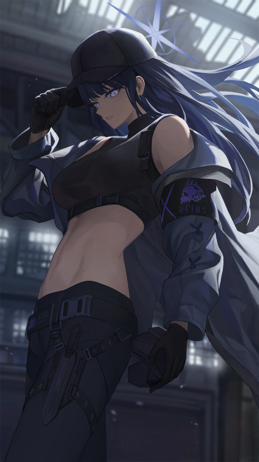 1girl armband bangs bare_shoulders black_gloves black_hair blue_archive breasts cape crop_top dagger from_below gloves halo hand_on_headwear highres jacket knife looking_at_viewer medium_breasts midriff navel saori_(blue_archive) solo starblue weapon