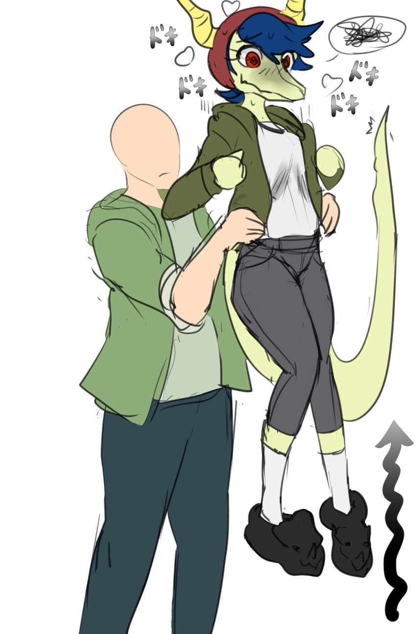 absurd_res anon_(snoot_game) anthro bald blue_hair blush clothing dinosaur duo featureless_face female hair hat headgear headwear hi_res horn japanese_text lifted male red_eyes reptile rexhastala scalie schizo_chan_(snoot_game) size_difference sketch slippers snoot_game_(fan_game) solo text video_games yellow_body