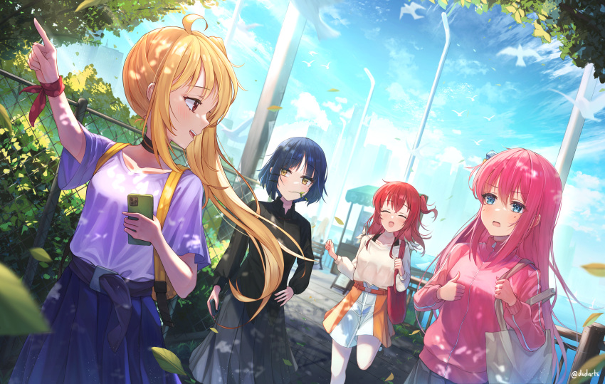 4girls absurdres ahoge bangs belt blonde_hair blue_eyes blue_hair blue_skirt bocchi_the_rock! branch brown_eyes chain-link_fence closed_mouth cube_hair_ornament dvdarts fence gotou_hitori green_eyes grey_skirt hair_between_eyes hair_ornament hair_over_eyes highres ijichi_nijika jacket kita_ikuyo leaf long_hair mole mole_under_eye multiple_girls one_side_up open_mouth outdoors pink_hair pink_jacket pleated_skirt purple_shirt red_hair shirt shirt_tucked_in short_hair short_sleeves side_ponytail sidelocks skirt sky smile tote_bag track_jacket yamada_ryou yellow_eyes