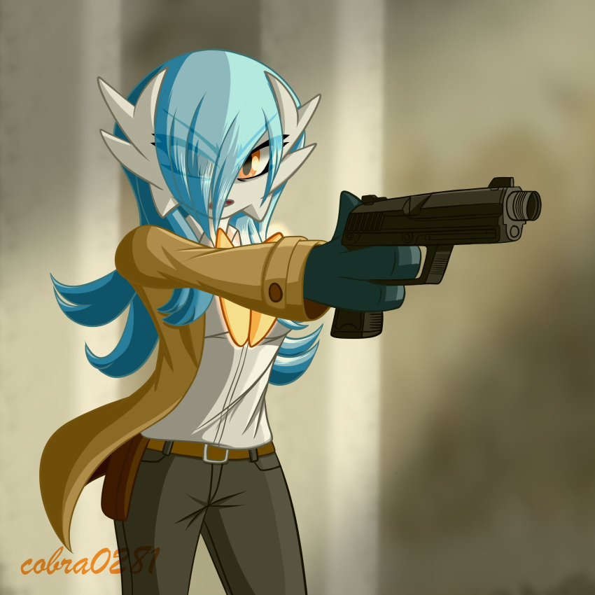 2022 3_fingers alyx_(cobra0281) angry_expression blue_hair clothing coat cobra0281 detective eye_through_hair female fingers gardevoir generation_3_pokemon hair hair_over_eye heckler_and_koch hi_res hk_usp_match holster humanoid long_hair mega_evolution mega_gardevoir nintendo not_furry one_eye_obstructed orange_eyes pointing_gun pokemon pokemon_(species) shiny_pokemon signature simple_background solo topwear translucent translucent_hair trenchcoat usp_tactical video_games