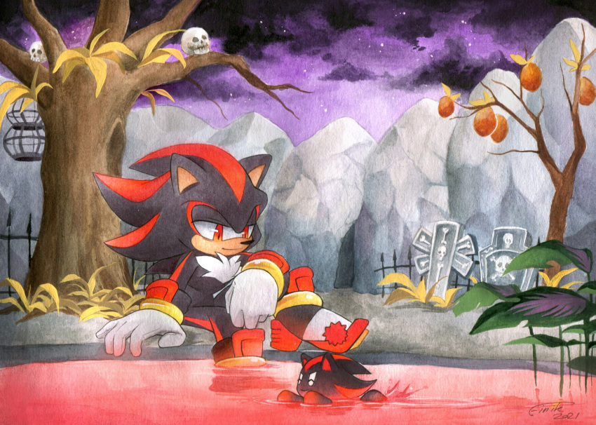 2021 5_fingers anthro black_body black_fur black_nose bone cage cave chao_(sonic) chao_garden character_chao chest_tuft clothing detailed_background duo eulipotyphlan fingers fur gloves graves half-closed_eyes handwear hedgehog hi_res male mammal narrowed_eyes night open_mouth open_smile outside partially_submerged plant red_body red_eyes red_fur red_water sega shadow_chao shadow_the_hedgehog signature sitting skull smile sonic_the_hedgehog_(series) swimming traditional_media_(artwork) tree tuft zzavok