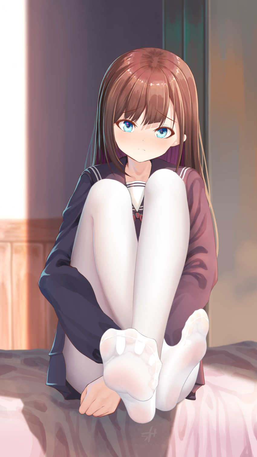 1girl bangs bed blue_eyes blush brown_hair closed_mouth highres indoors knees_to_chest legs legs_up long_hair long_sleeves looking_at_viewer no_shoes original pantyhose school_uniform sitting skirt soles solo spread_toes toes uniform wcks0774 white_pantyhose