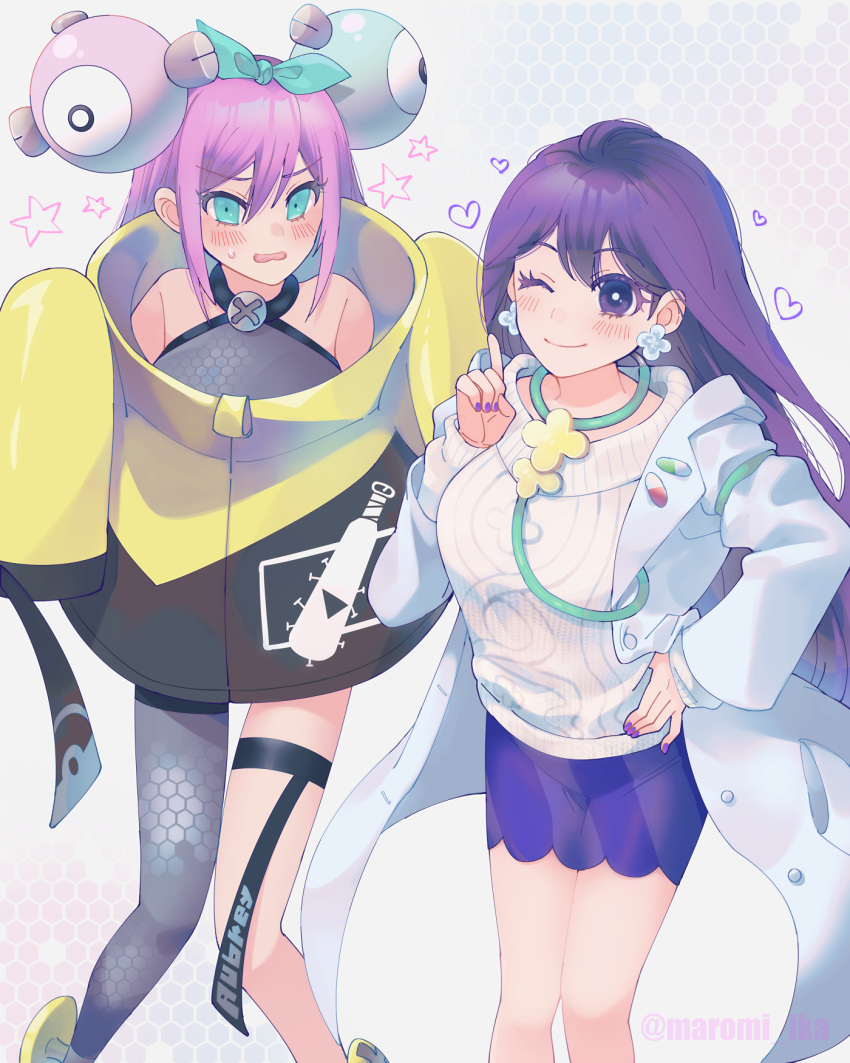 2girls aubrey_(omori) black_eyes black_hair blue_eyes blush closed_mouth cosplay cosplay_request earrings flower_earrings hairband hand_on_hip highres iono_(pokemon) iono_(pokemon)_(cosplay) jewelry long_hair looking_at_another looking_at_viewer mari_(omori) maromichan multiple_girls omori one_eye_closed pink_hair pokemon pokemon_(game) pokemon_sv purple_nails smile