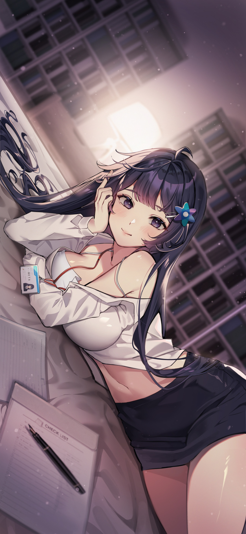 1girl absurdres ahoge bare_shoulders bed black_eyes black_hair black_skirt blurry breasts camisole closed_mouth depth_of_field dutch_angle hair_ornament hair_spread_out hairclip head_rest highres id_card indoors lamp large_breasts long_hair long_sleeves looking_at_viewer lying midriff miniskirt navel off_shoulder office_lady on_bed on_side original pen pencil_skirt s2mias2 shirt skirt smile solo spaghetti_strap stomach thighs undershirt very_long_hair white_shirt